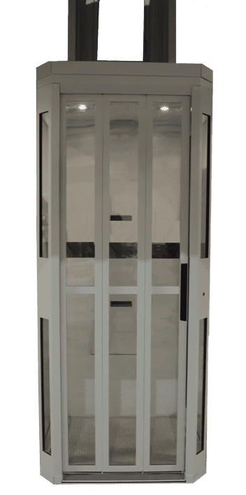 Symmetry Shaftless Home Elevator in Standard Grey with Integrated Sliding Door Closed